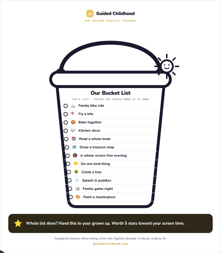 A bucket list the family built in the app, printed onto a drawn bucket to colour in
