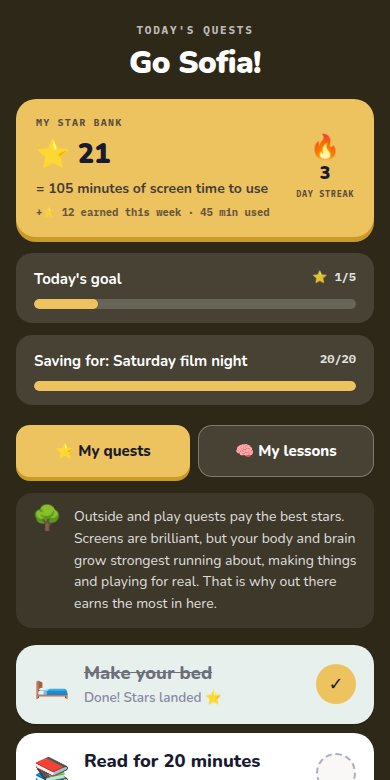 The child app: star bank, daily goal, a saving goal for film night, and today's quests